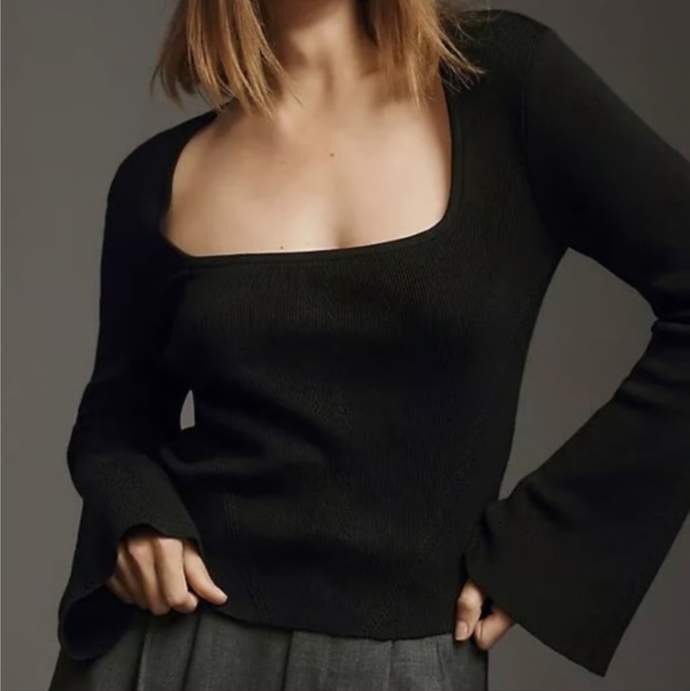 MAEVE x ANTHROPOLOGIE Black Square Neck Bell Sleeve Sweater Size Medium